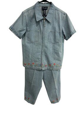Denim & Co. Floral Embroidered Denim Two Piece Outfit Set Blue Sz Large Retro